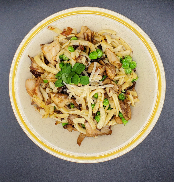 Rich Oyster Mushrooms, Fresh Vegtables, and Buttered Noodles